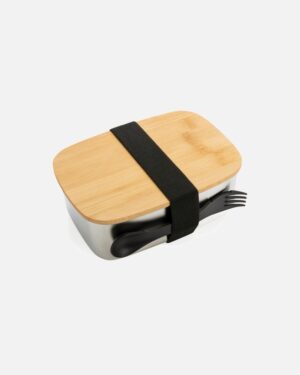 Rustfrit stål madkasse med bambuslåg og "spork"